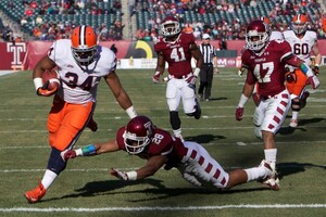 Adonis Ameen-Moore had the best game of his career in Syracuse's regular-season finale against Temple, rushing for 57 yards and two touchdowns. SU head coach Doug Marrone announced in a press release that Ameen-Moore and tight end Max Beaulieu will not play in the Pinstripe Bowl due to violation of athletic department rules.