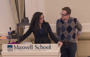 Student Association President Allie Curtis and PJ Alampi, SA chief of staff, speak during the general assembly meeting Monday night.