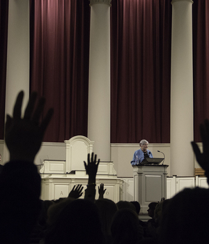 Diane Ravitch, a research professor and advocate, speaks in Hendricks Chapel Tuesday night. She outline her views on the state of the American education system. 