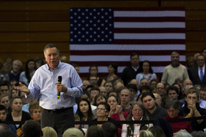 Kasich spoke to several hundred people at Le Moyne College in Syracuse on Friday.