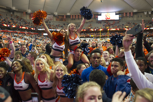 Syracuse fans flooded the Carrier Dome floor after the final buzzer today. It was only the third time ever the Orange has beaten a defending national champion. 