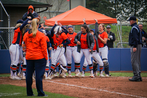 Syracuse celebrates a homerun in a game last year. 