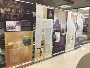 The Bird Library display commemorates the centennial anniversary of women’s suffrage in New York state.