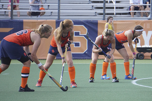 Syracuse players line up for a penalty corner against Bucknell.