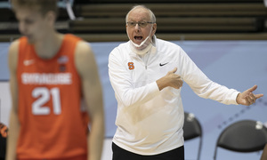 Jim Boeheim shows frustration during Syracuse's 81-75 loss against North Carolina.