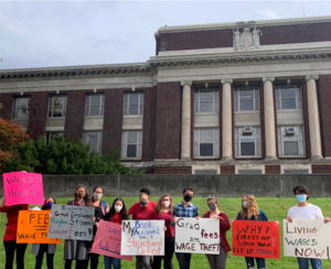 During the protest, CFO Joseph Rufo remained in his office with the door closed. An administrative staff member stayed at the door to ESF President Joanie Mahoney's office to hear both the petition and testimonials from organizers. 