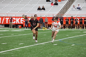 Emma Tyrrell (right) finished with five goals and three assists in the win over Temple. 