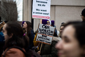 Syracuse Graduate Employees United members and allies demonstrate around Syracuse University's campus in support of the unionization effort. SGEU asked SU's administration to voluntarily recognize its union by Feb. 20, or else it will file for an election with the National Labor Relations Board. 