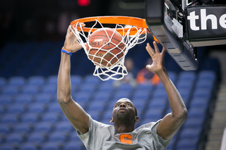 Baye Moussa Keita slams a dunk in warmups. 